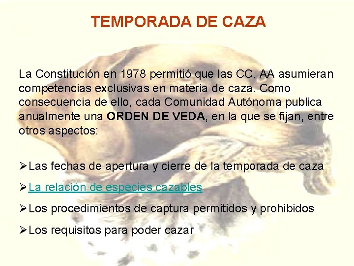 TEMPORADA DE CAZA La Constitución en 1978 permitió que las CC. AA asumieran competencias