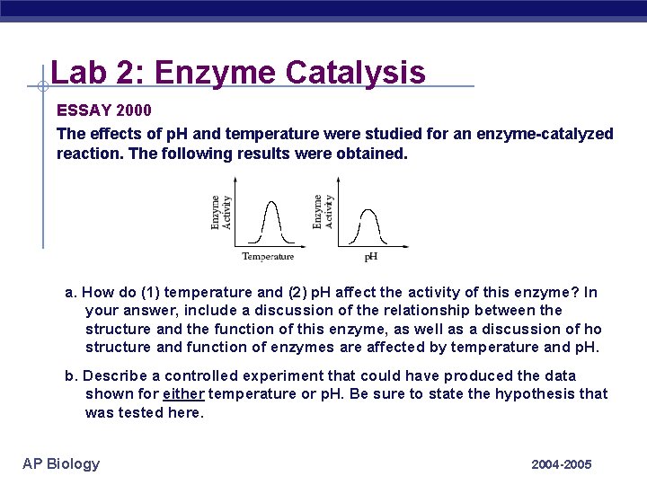 Lab 2: Enzyme Catalysis ESSAY 2000 The effects of p. H and temperature were