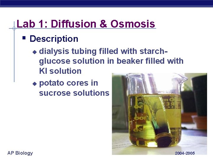 Lab 1: Diffusion & Osmosis § Description dialysis tubing filled with starchglucose solution in