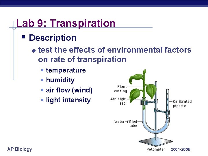 Lab 9: Transpiration § Description u test the effects of environmental factors on rate