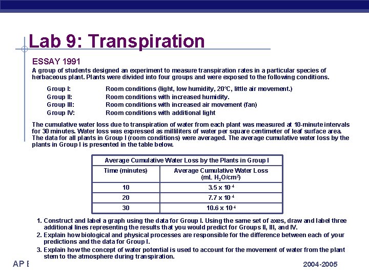 Lab 9: Transpiration ESSAY 1991 A group of students designed an experiment to measure