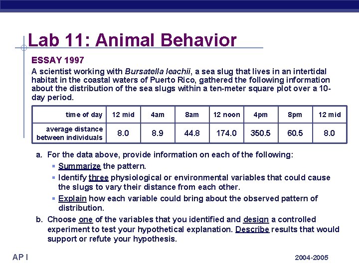 Lab 11: Animal Behavior ESSAY 1997 A scientist working with Bursatella leachii, a sea