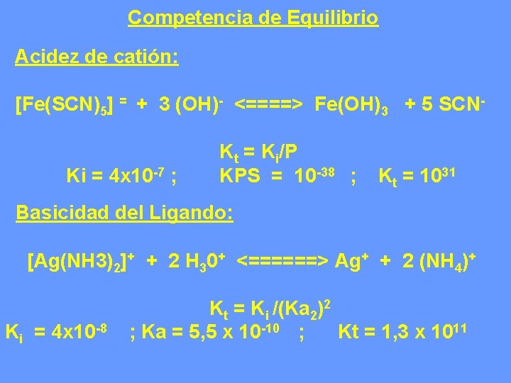 Competencia de Equilibrio Acidez de catión: [Fe(SCN)5] = + 3 (OH)- <====> Fe(OH)3 +