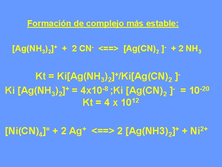 Formación de complejo más estable: [Ag(NH 3)2]+ + 2 CN- <==> [Ag(CN)2 ]- +