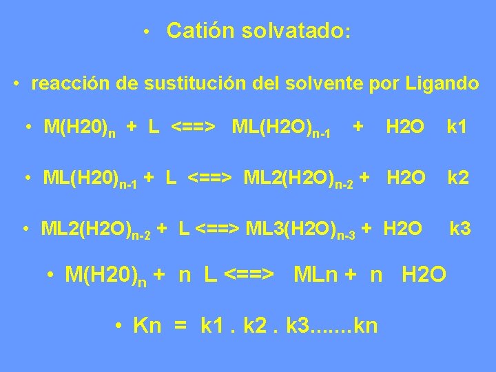  • Catión solvatado: • reacción de sustitución del solvente por Ligando • M(H