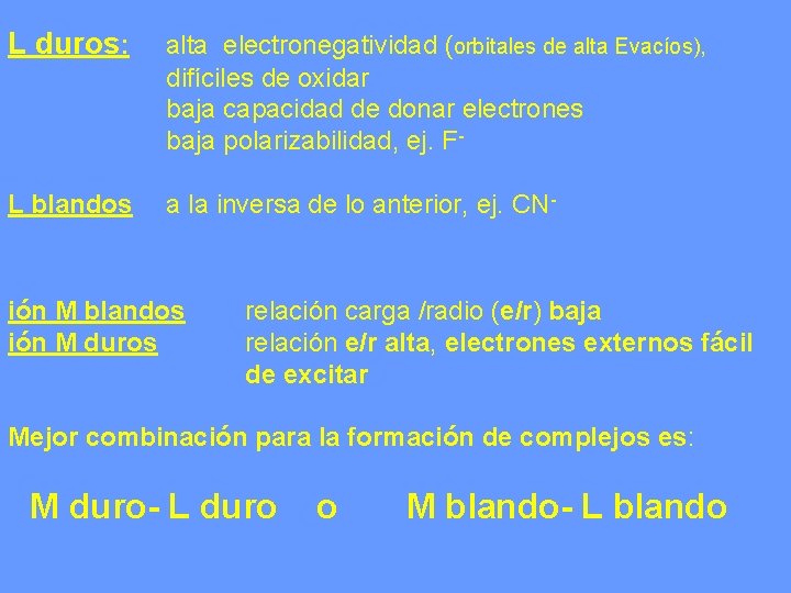 L duros: alta electronegatividad (orbitales de alta Evacíos), difíciles de oxidar baja capacidad de