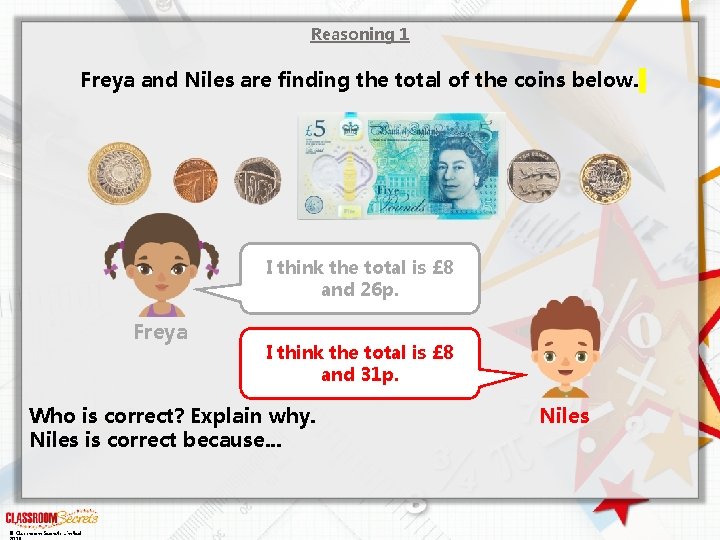 Reasoning 1 Freya and Niles are finding the total of the coins below. I