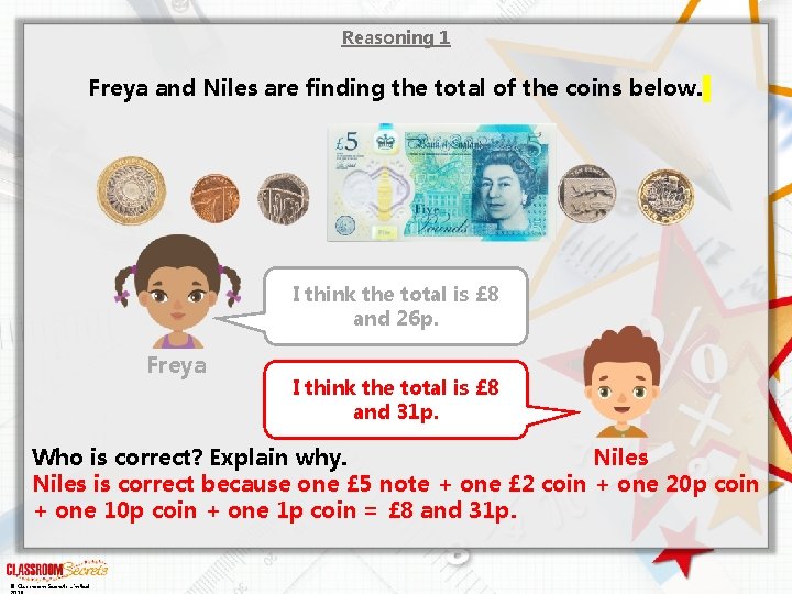 Reasoning 1 Freya and Niles are finding the total of the coins below. I