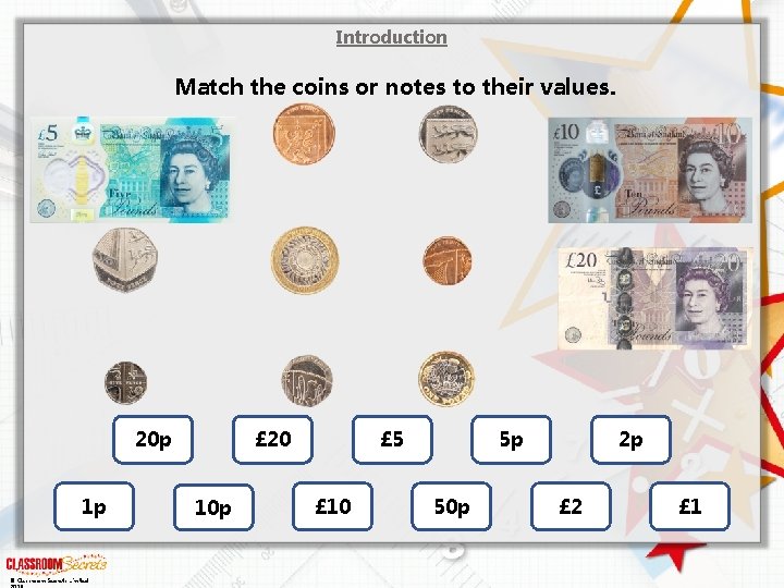 Introduction Match the coins or notes to their values. 20 p 1 p ©