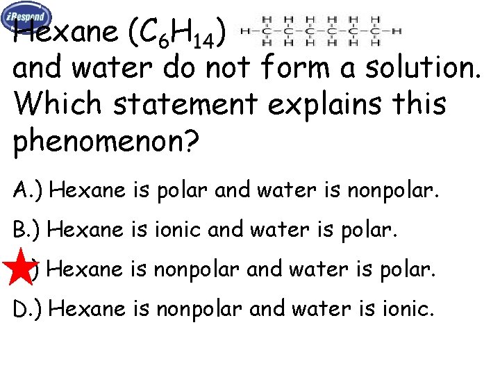 Hexane (C 6 H 14) and water do not form a solution. Which statement