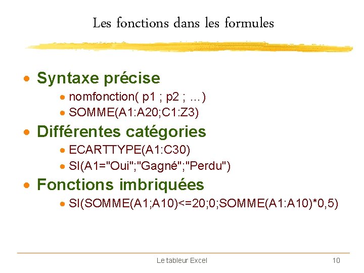 Les fonctions dans les formules · Syntaxe précise · nomfonction( p 1 ; p
