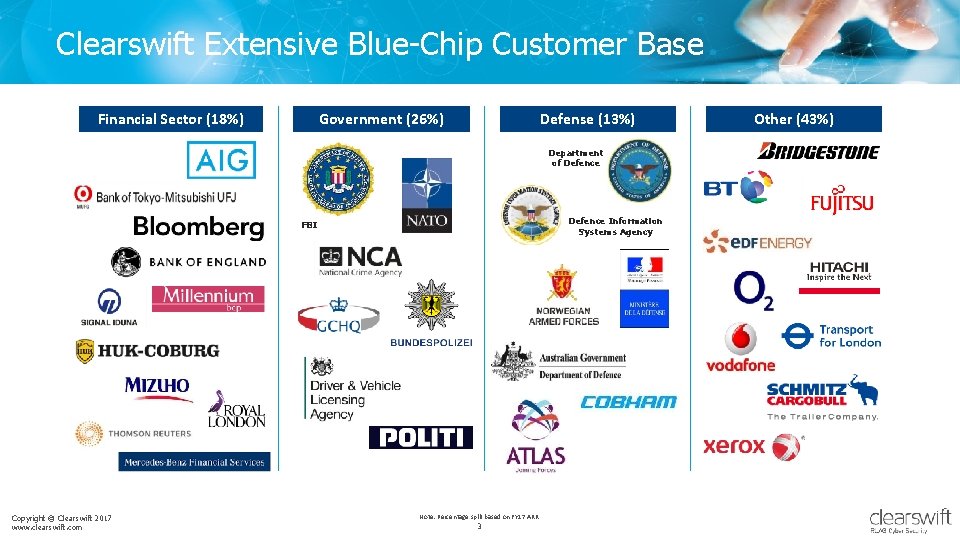 Clearswift Extensive Blue-Chip Customer Base Financial Sector (18%) Government (26%) Defense (13%) Department of
