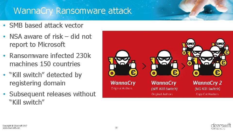Wanna. Cry Ransomware attack • SMB based attack vector • NSA aware of risk