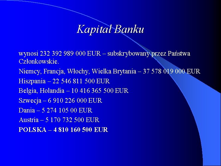 Kapitał Banku wynosi 232 392 989 000 EUR – subskrybowany przez Państwa Członkowskie. Niemcy,