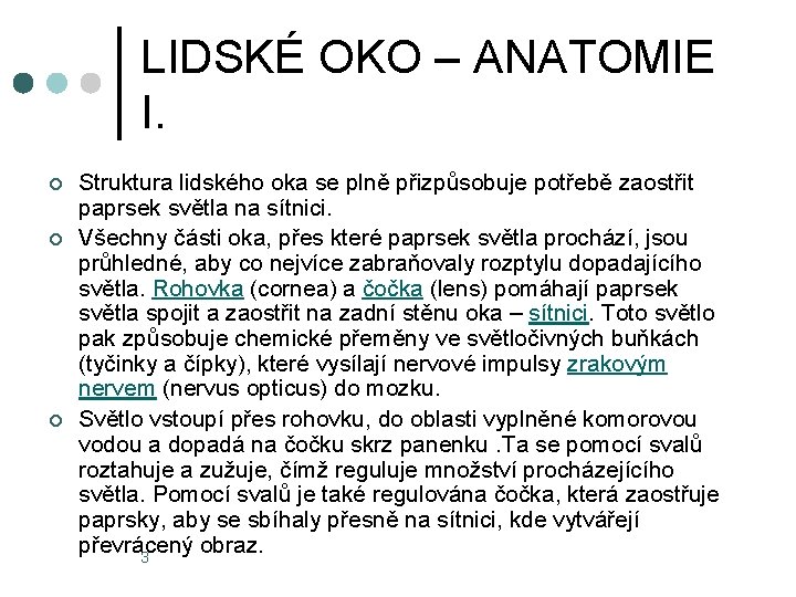 LIDSKÉ OKO – ANATOMIE I. ¢ ¢ ¢ Struktura lidského oka se plně přizpůsobuje