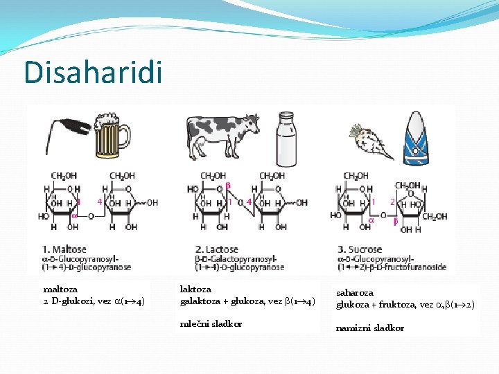 Disaharidi maltoza 2 D-glukozi, vez (1 4) laktoza galaktoza + glukoza, vez (1 4)
