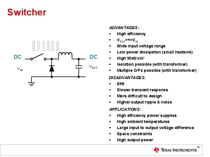 Switcher ADVANTAGES: DC VIN DC VOUT § § § § High efficiency VOUT>=<VIN Wide