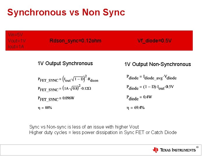 Synchronous vs Non Sync Vin=5 V Vout=1 V Iout=1 A Rdson_sync=0. 12 ohm 1