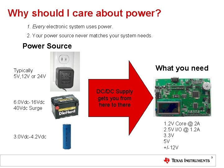 Why should I care about power? 1. Every electronic system uses power. 2. Your Why should I care about power? 1. Every electronic system uses power. 2. Your