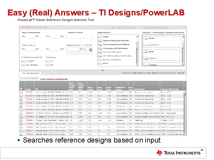 Easy (Real) Answers – TI Designs/Power. LAB • Searches reference designs based on input