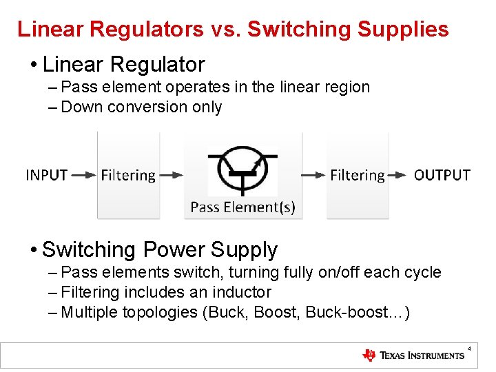 Linear Regulators vs. Switching Supplies • Linear Regulator – Pass element operates in the