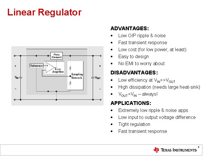 Linear Regulator ADVANTAGES: § § § Low O/P ripple & noise Fast transient response
