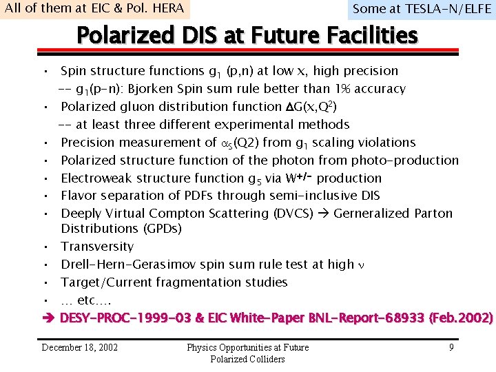 All of them at EIC & Pol. HERA Some at TESLA-N/ELFE Polarized DIS at