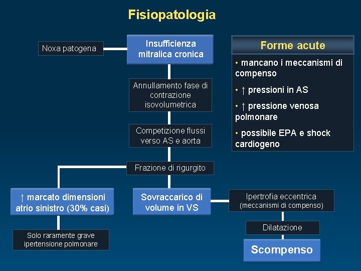 Fisiopatologia Noxa patogena Insufficienza mitralica cronica Annullamento fase di contrazione isovolumetrica Competizione flussi verso