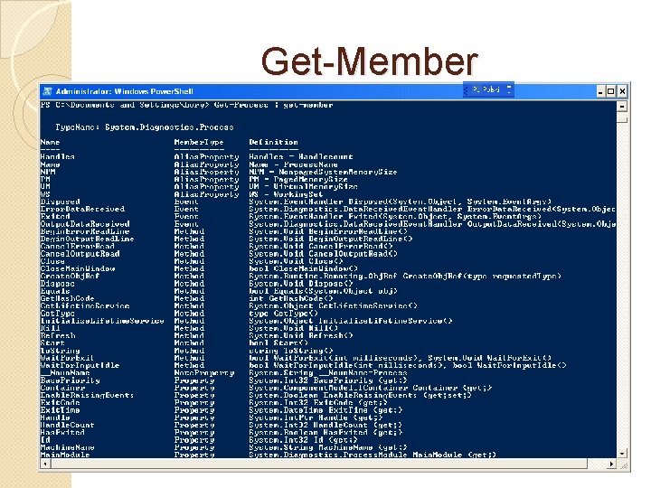 Get-Member � Aplet polecenia Get-Member() (alias gm) pozwala wyświetlić nazwy klas obiektów w potoku