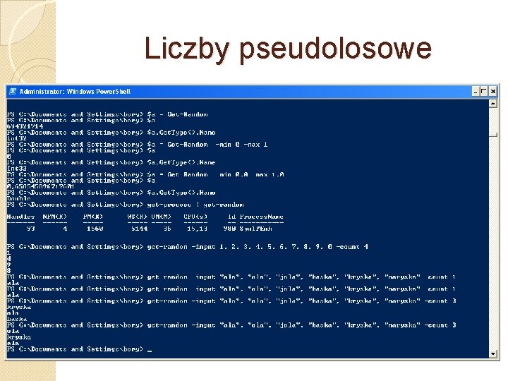 Liczby pseudolosowe �Do generowania liczb pseudolosowych służy aplet Get. Random. �Standardowo generuje liczby typu