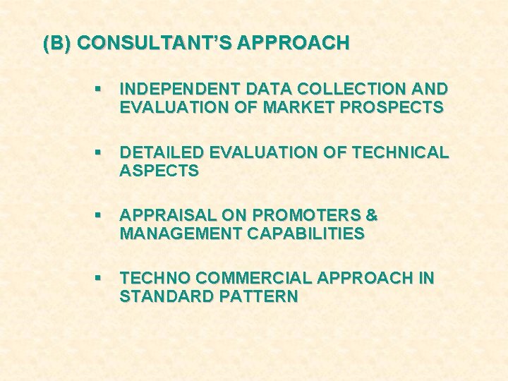 (B) CONSULTANT’S APPROACH § INDEPENDENT DATA COLLECTION AND EVALUATION OF MARKET PROSPECTS § DETAILED