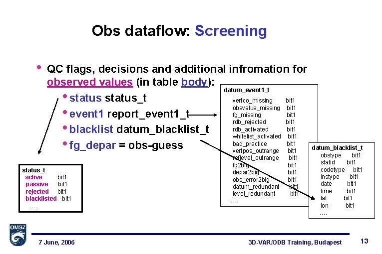 Obs dataflow: Screening • QC flags, decisions and additional infromation for observed values (in