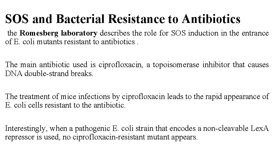 SOS and Bacterial Resistance to Antibiotics the Romesberg laboratory describes the role for SOS