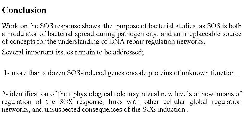 Conclusion Work on the SOS response shows the purpose of bacterial studies, as SOS