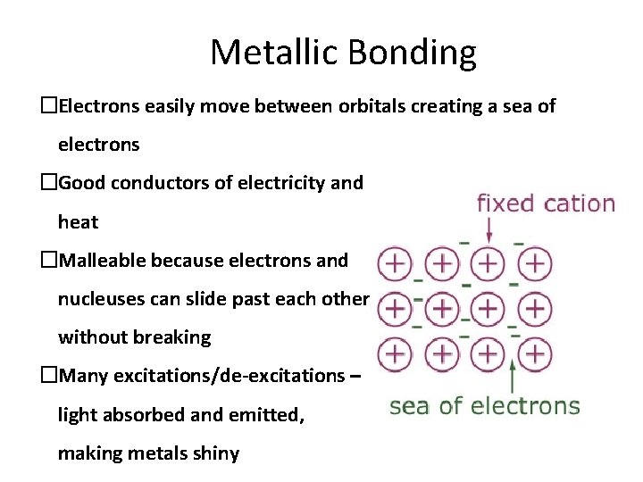 Metallic Bonding �Electrons easily move between orbitals creating a sea of electrons �Good conductors
