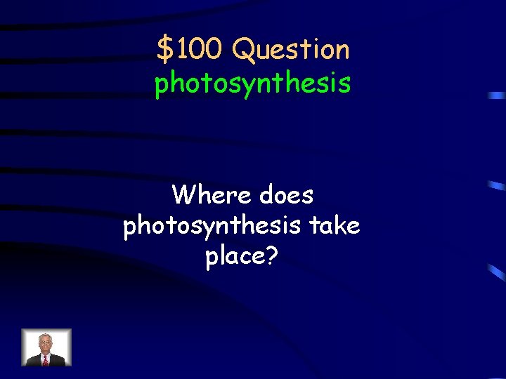 $100 Question photosynthesis Where does photosynthesis take place? 