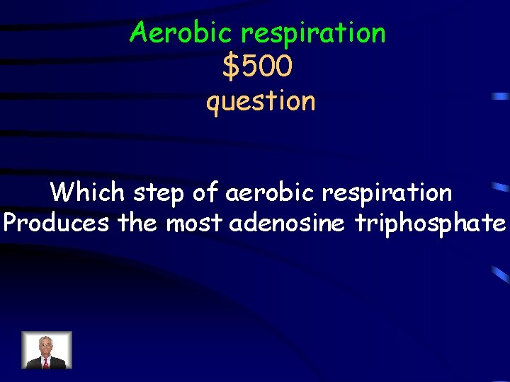 Aerobic respiration $500 question Which step of aerobic respiration Produces the most adenosine triphosphate