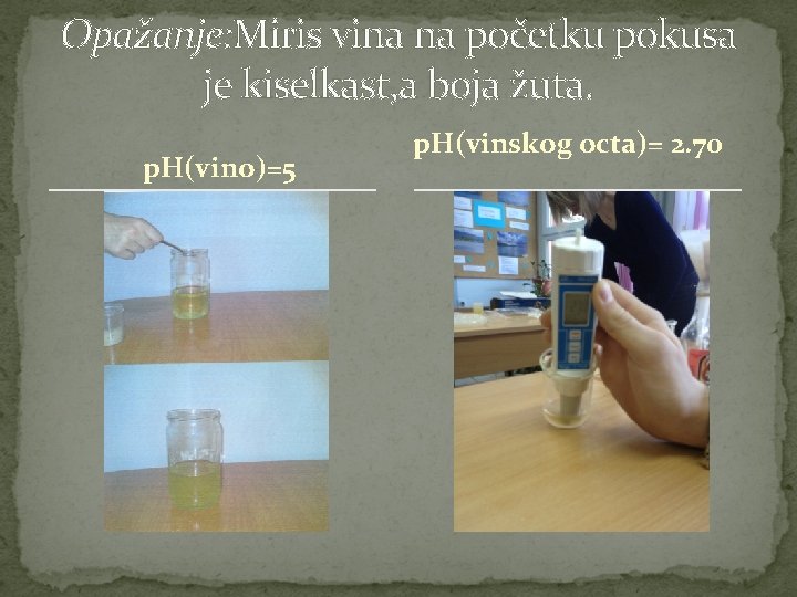 Opažanje: Miris vina na početku pokusa je kiselkast, a boja žuta. p. H(vino)=5 p.
