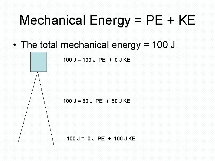 Mechanical Energy = PE + KE • The total mechanical energy = 100 J