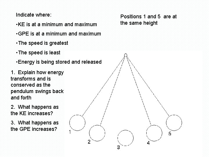 Indicate where: • KE is at a minimum and maximum • GPE is at