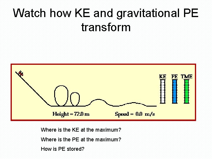 Watch how KE and gravitational PE transform Where is the KE at the maximum?