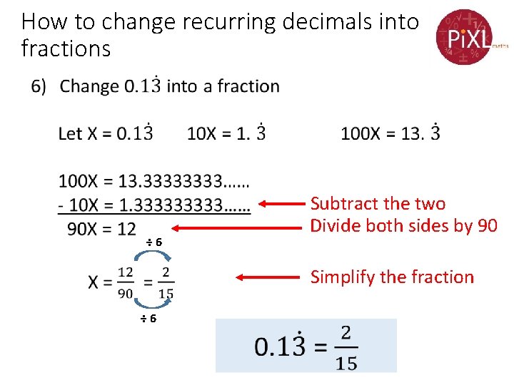 How to change recurring decimals into fractions • Subtract the two Divide both sides