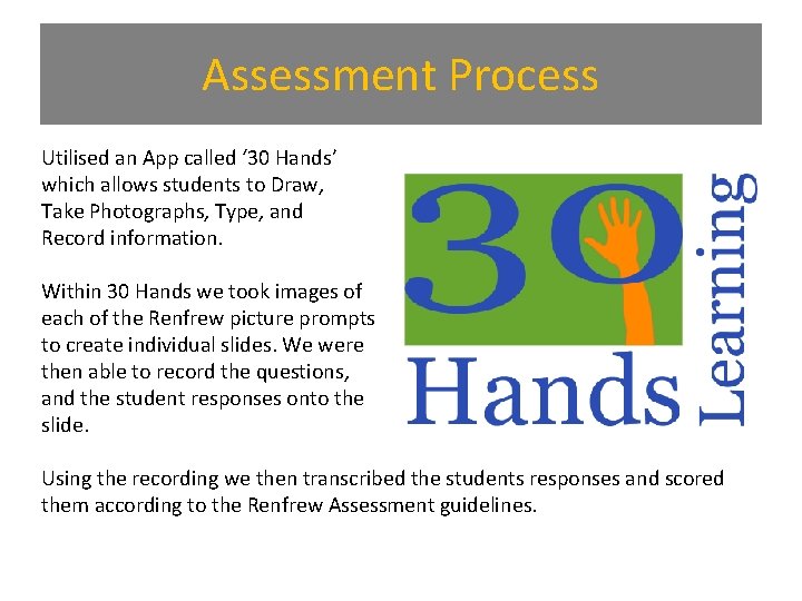 Assessment Process Utilised an App called ‘ 30 Hands’ which allows students to Draw,