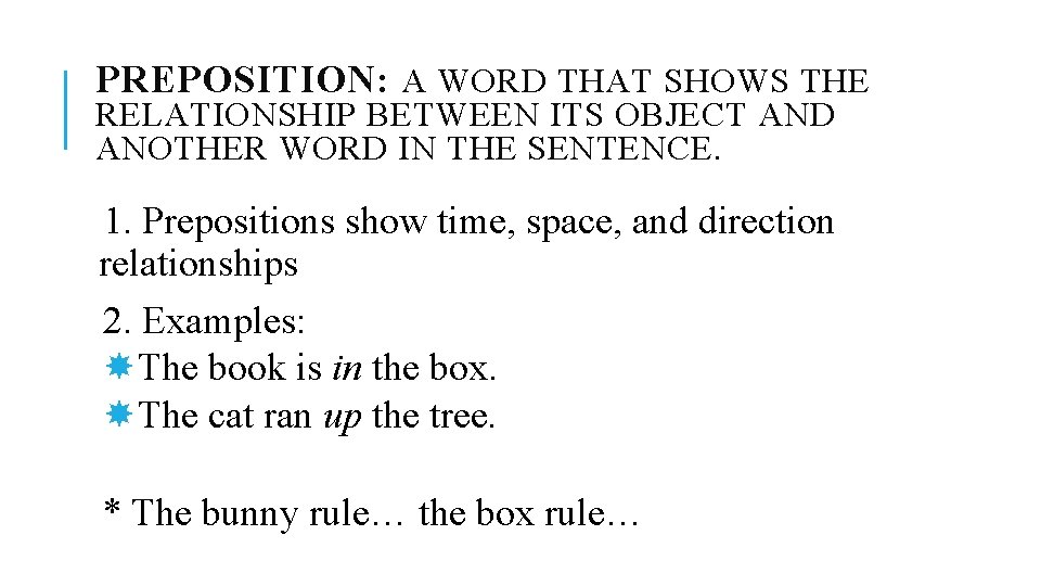 PREPOSITION: A WORD THAT SHOWS THE RELATIONSHIP BETWEEN ITS OBJECT AND ANOTHER WORD IN