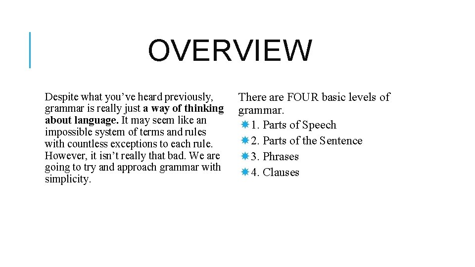 OVERVIEW Despite what you’ve heard previously, grammar is really just a way of thinking