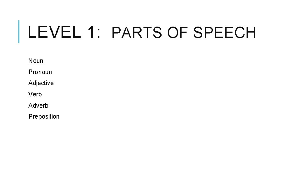 LEVEL 1: PARTS OF SPEECH Noun Pronoun Adjective Verb Adverb Preposition 