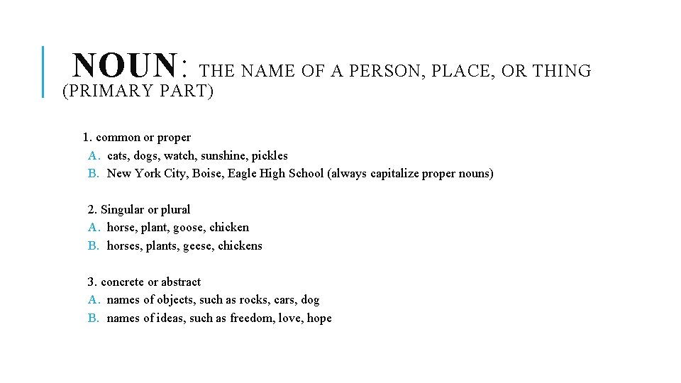 NOUN: THE NAME OF A PERSON, PLACE, OR THING (PRIMARY PART) 1. common or