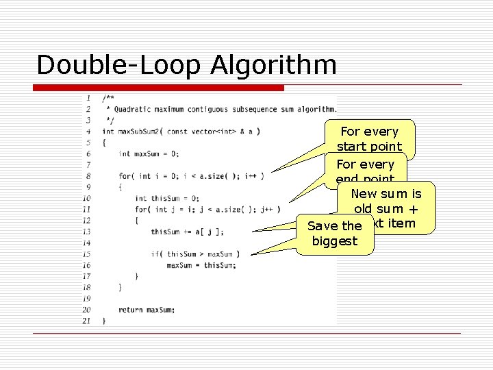 Double-Loop Algorithm For every start point For every end point New sum is old