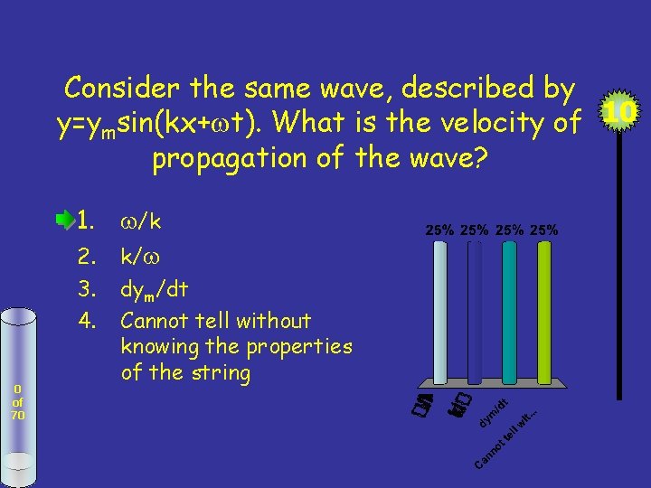 Consider the same wave, described by y=ymsin(kx+ t). What is the velocity of 10