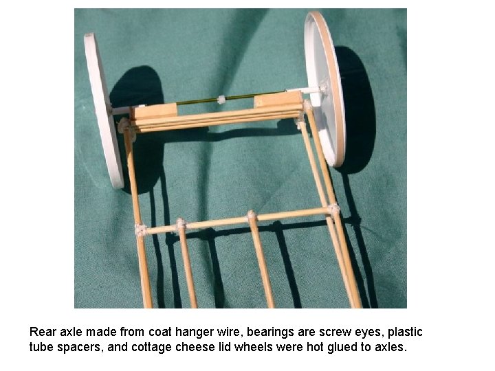 Rear axle made from coat hanger wire, bearings are screw eyes, plastic tube spacers,